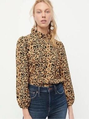 J. Crew Ruffleneck Crepe Top Long Sleeve Blouse in Leopard Print